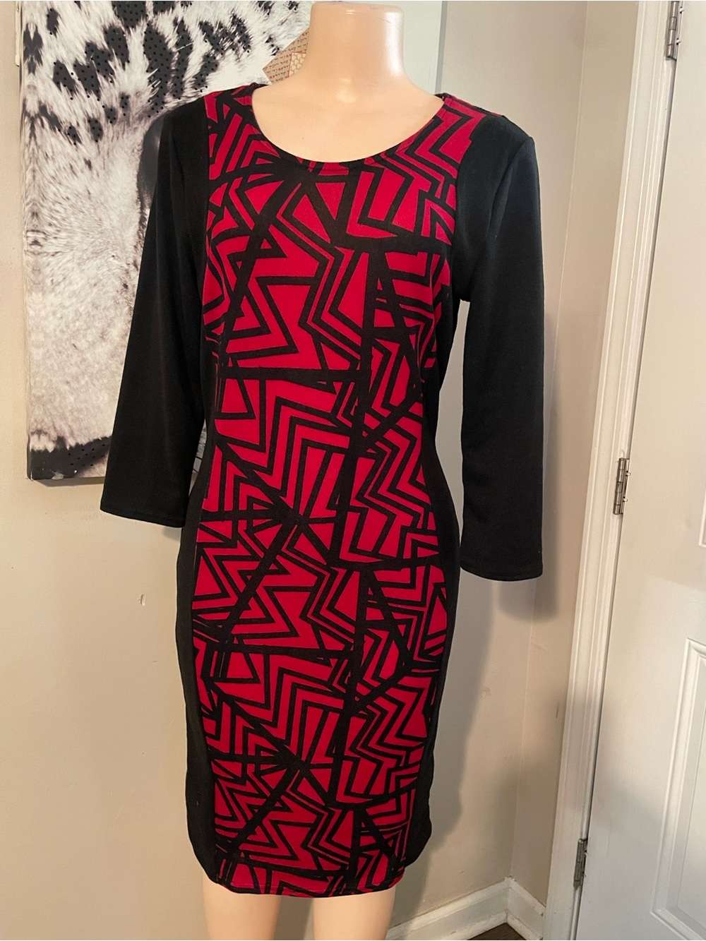 New Vintage Y2K Derek Heart Geometric Sheath Dress slimmin black red Women Large